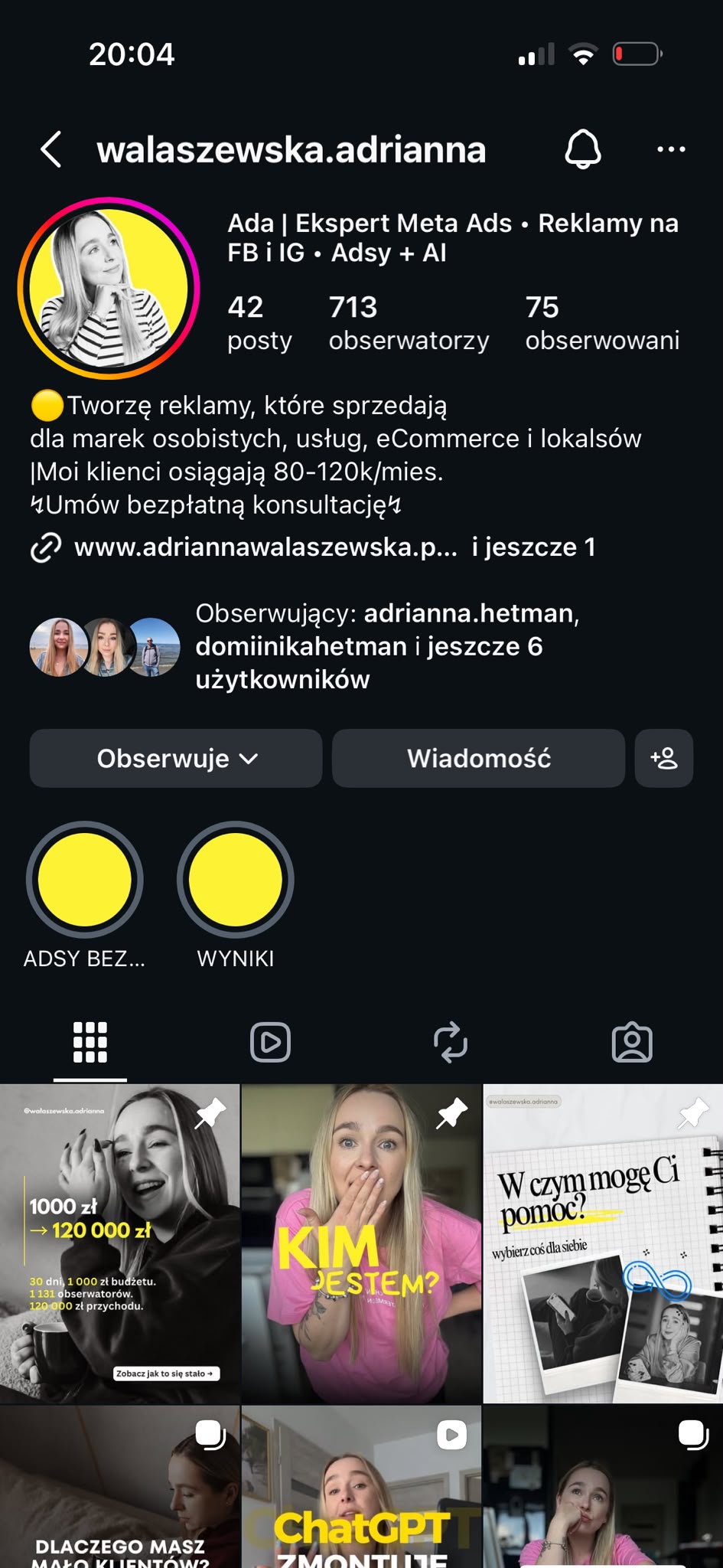 Profil Instagram Adrianny Wałaszewskiej